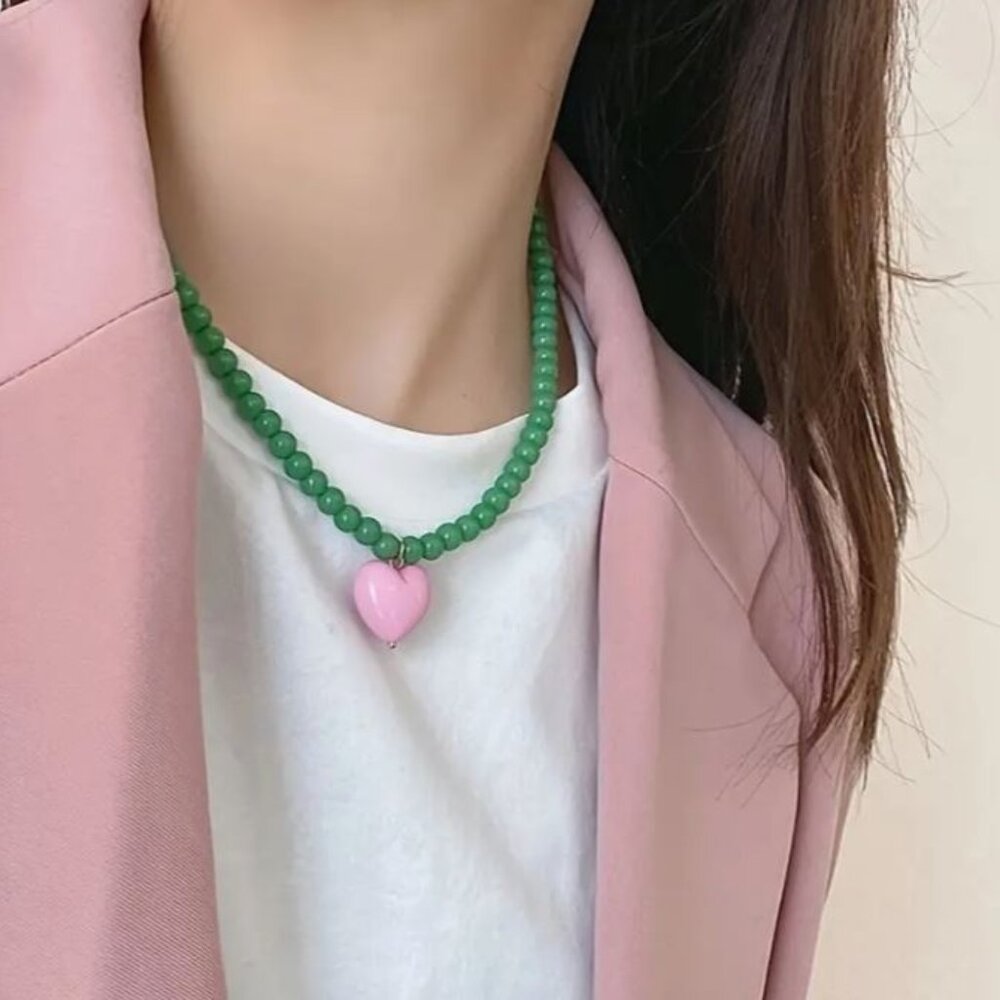 NEW Mackenzie Pink and Green Beaded Heart Pendant Necklace
